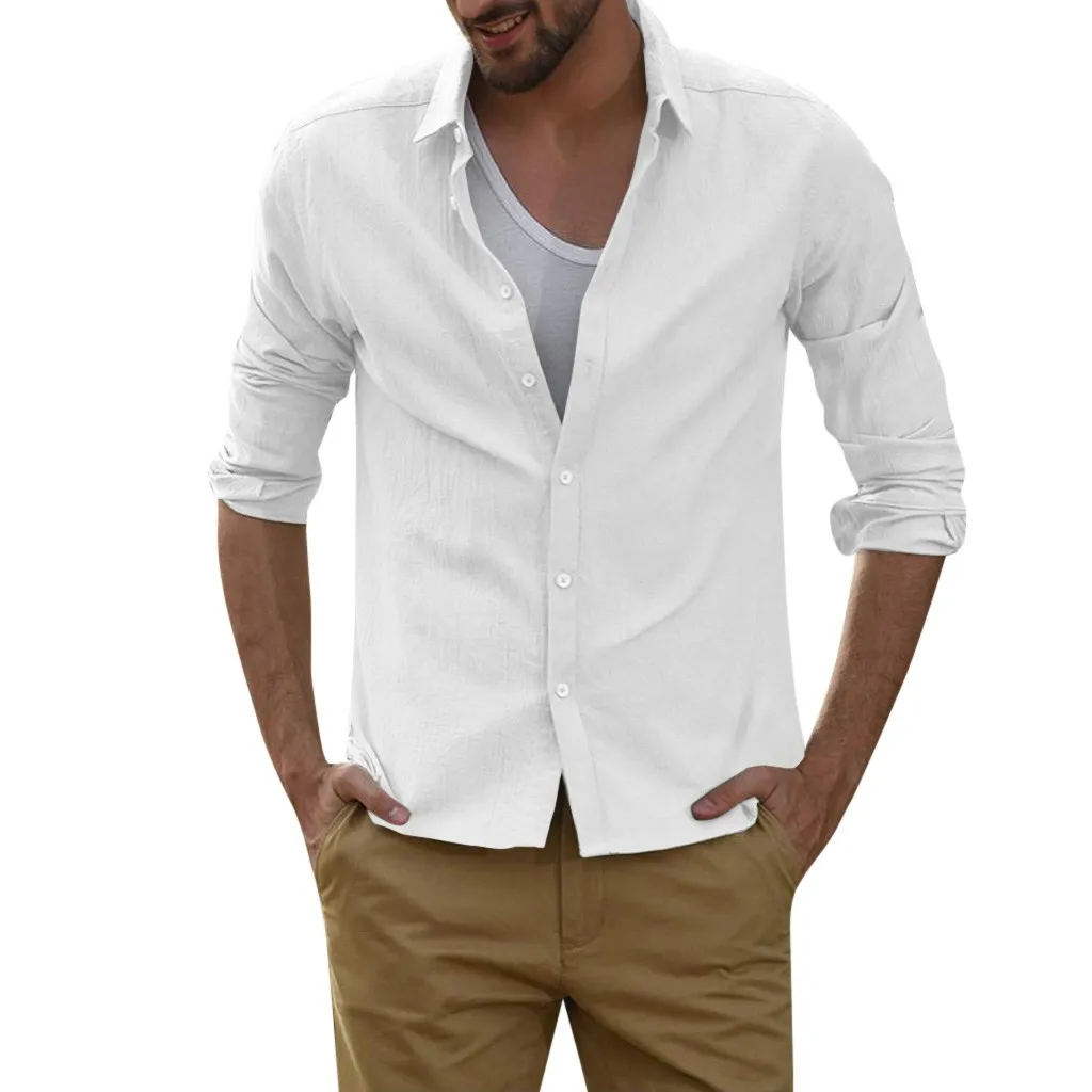 Мужская рубашка из чистого льна с длинными рукавами, Мужская брендовая одежда, мужская рубашка, M-3XL, 3 цвета, однотонные белые, черные рубашки, мужские рубашки