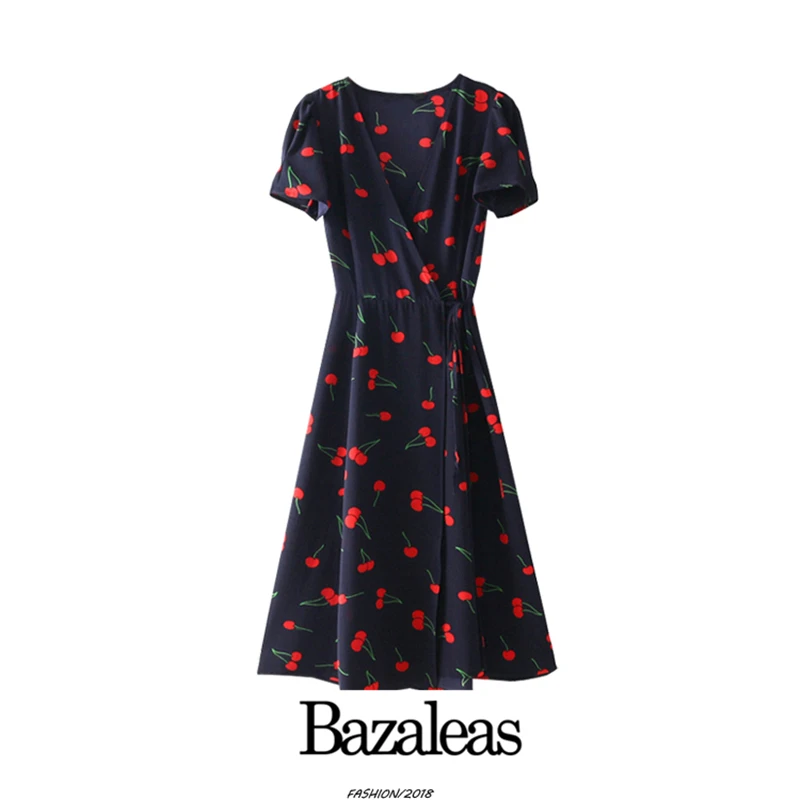 Bazaleas модное летнее платье с глубоким v-образным вырезом, платье с вишневым принтом, платье миди с коротким рукавом, повседневные платья с завязками на талии