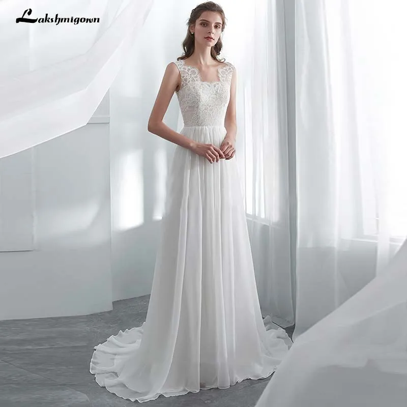 US $103.8 40% OFF|Soft Ivory Scallop Neck Lace Chiffon Beach Bridal Dress L...