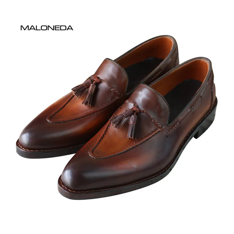 MALONEDA/Классические повседневные кожаные туфли ручной работы с кисточками; лоферы из натуральной кожи без застежки; хорошо Окаймленный - Цвет: Многоцветный