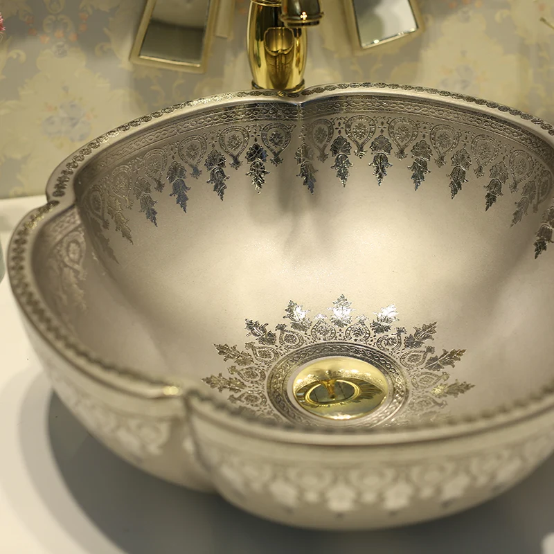 Flower Counter Top Wash Basin Cloakroom Hand Painted Vessel Sink bathroom sinks silver counter washbasin LO741108