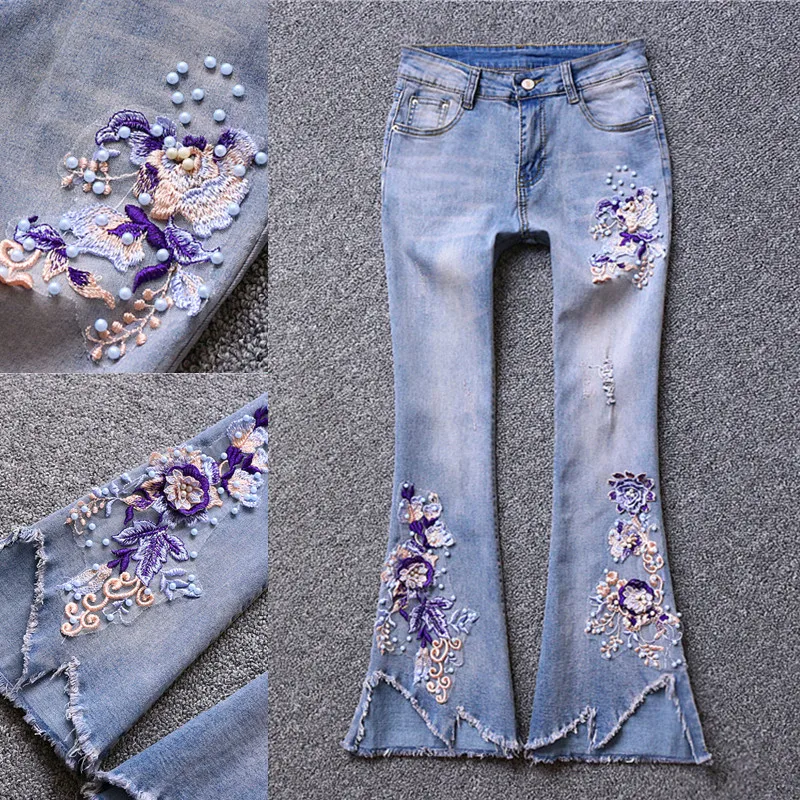 

2019 Summer Autumn Embroidered Jean Fashion Women Jeans Beaded Ripped Washed Wide-leg Denim Pants Girls Stretch Cowboy Trousers