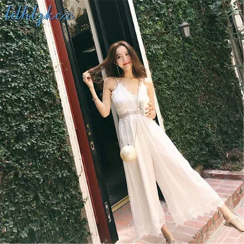 

Sling Dress Women Summer Seaside Holiday Beach Dresses 2019 New Fresh Sweet Wide Leg Dresses V Neck Slim Vestidos Feminina JD44
