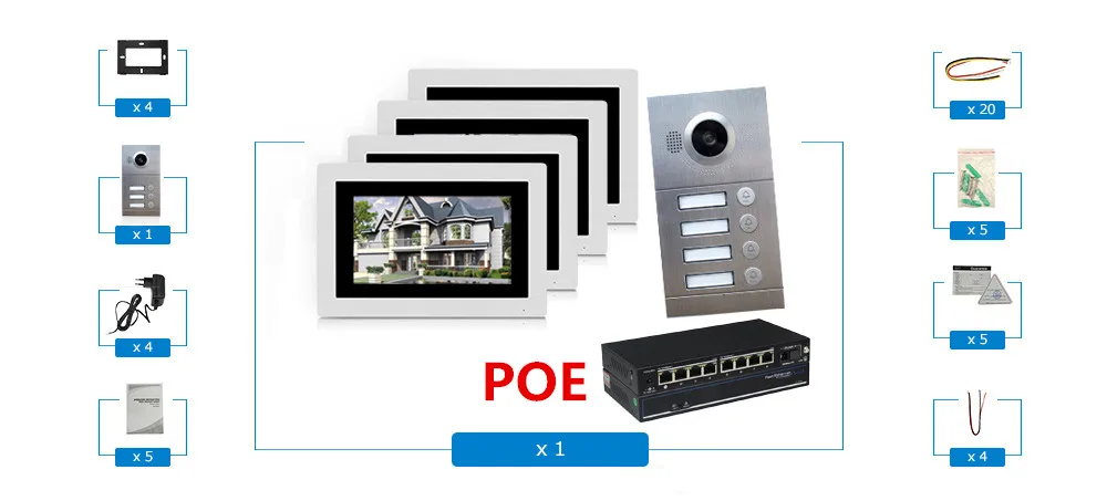 WI-FI IP телефон видео домофон Системы видео дверной звонок 7 ''Сенсорный экран для 4 этажа квартира/8 Zone Alarm с POE коммутатор