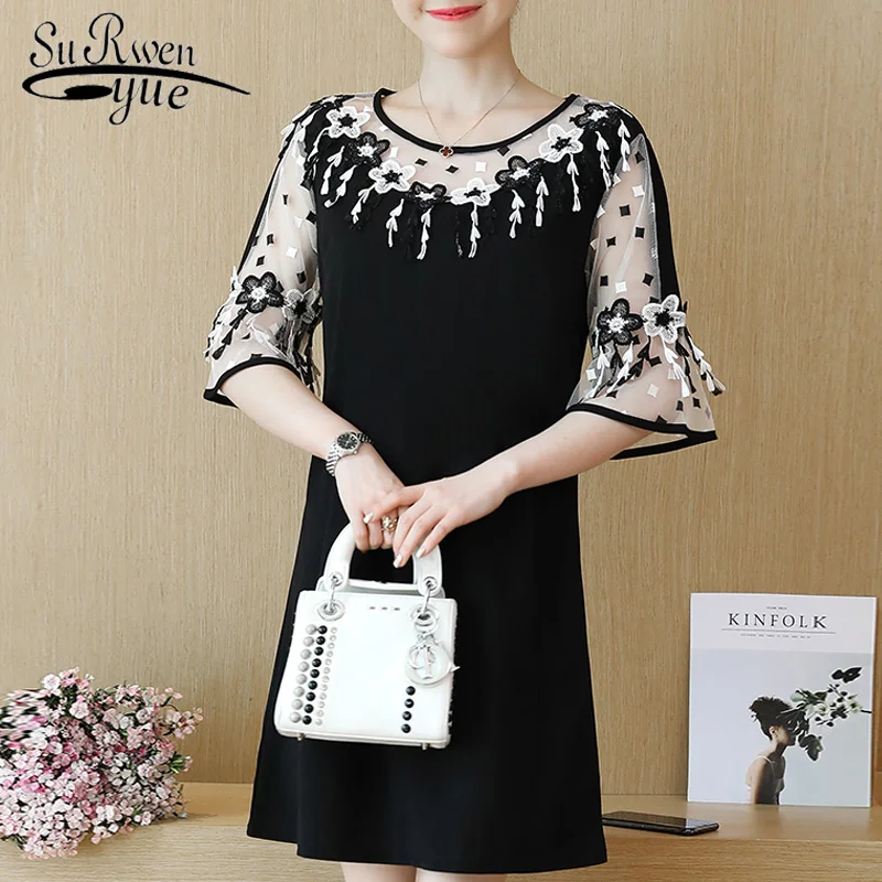 

fashion elegant Patchwork floral lace chiffon dress Flare short Sleeve black summer dress casual plus size dress women 2724 50