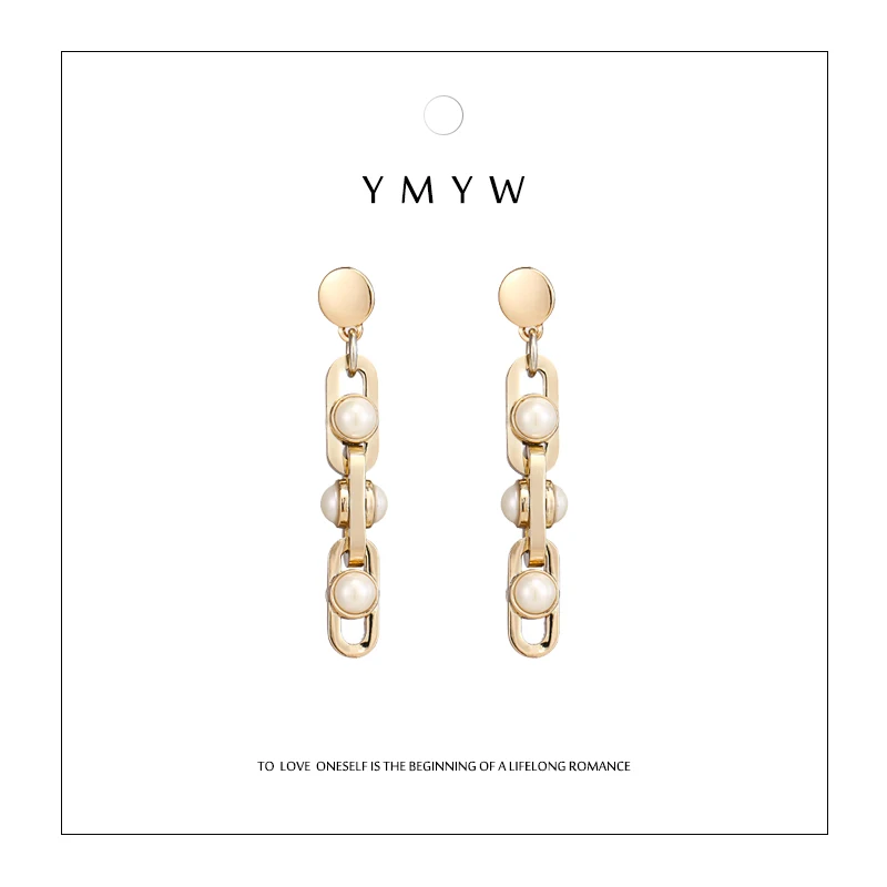 

YMYW Occident Big Brand Simulated Pearls Long Drop Dangle Earrings Zinc Alloy Geometric Earings for Women Boucle D'Oreille Femme