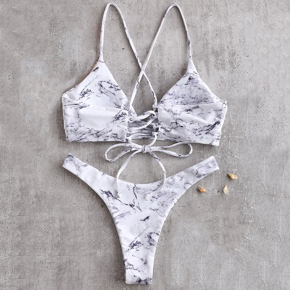 Online ZAFUL Bikini Marmor Spitze Up Bikini Set Spaghetti trägern Draht Freies Low Taillierte Schwimmen Anzug Urlaub Sexy Strand Bademode badeanzug