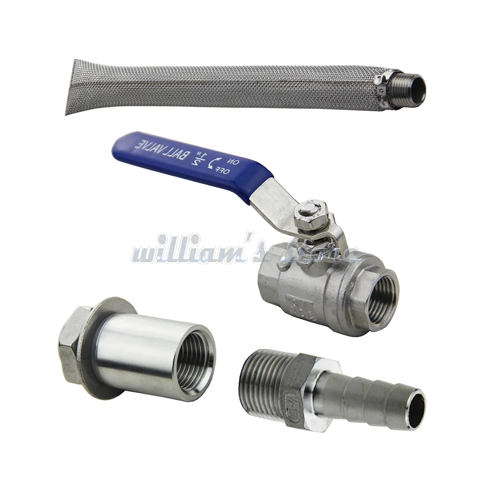 

Weldless Boil Kettle Ball Valve Bazooka Kit 12" Kettle Screen, 2 Piece Ball Valve, 1/2" Hose Barb, Homebrew Hardware