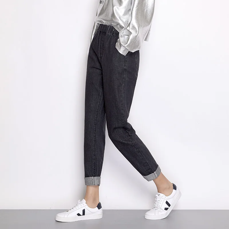 LEIJIJEANS 2018 New Item Autumn Plus Size Light Wash Solid Black Fashion Elastic Waist Full Length Casual Women Harem Jeans 6870