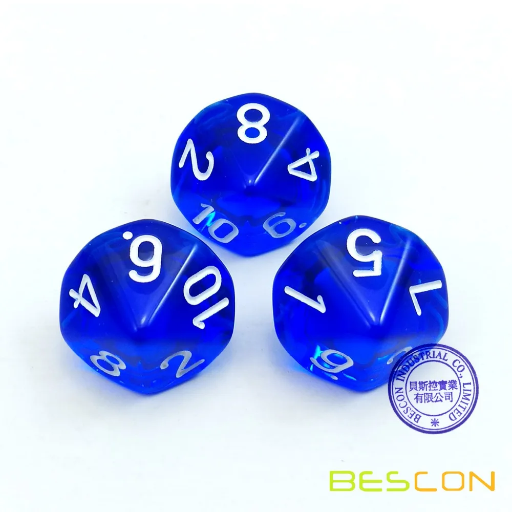 Bescon Polyhedral 10 Sides Dice with Number 1-10, Blue Transparent 10 Sided Dice, 10 Sides Cube 1-10, 10pcs Set 3