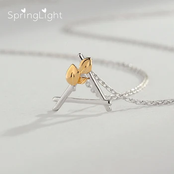 

SpringLight Triangle Windowsill Design Pendant Real 925 Sterling Silver Fine Jewelry Gold Leaves Necklace for Women Party Gift