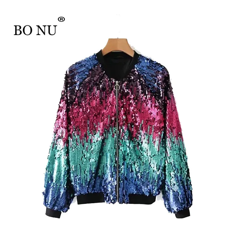 

BONU New Spring sparkle sequined Bomber Jacket female coat kimono Loosen Basic Jacket Oversize Female Basic Coats