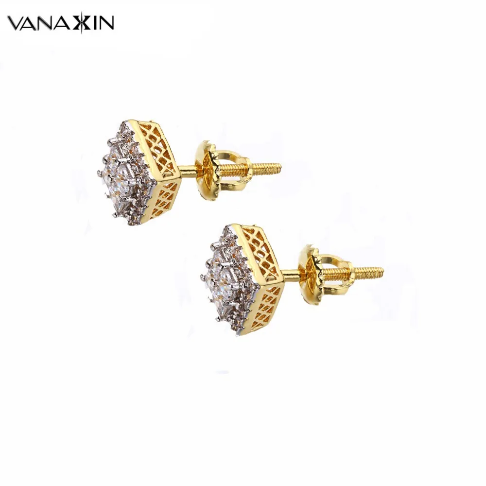 

VANAXIN New Fashion Earring Black AAA CZ Stones Hiphop Stud Earrings For Women Gift Box Charms Jewellery Cool Free Box Brass