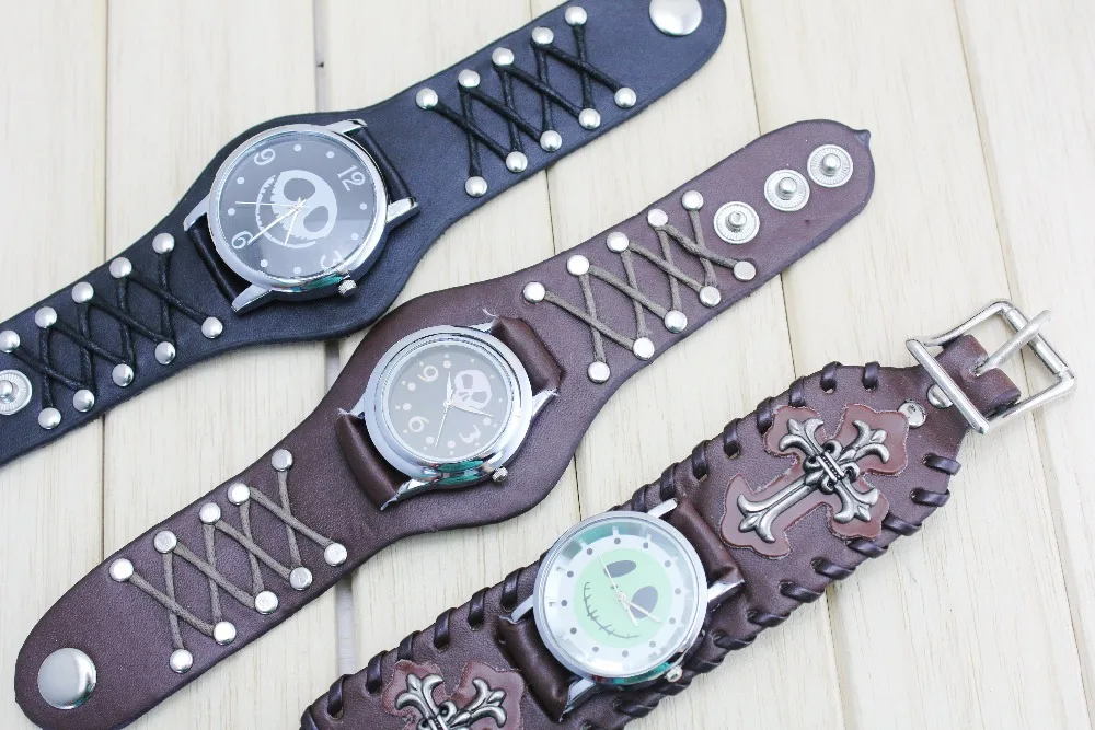 2016 Antique Cover Design Leather Analog Quartz Skeleton Cool Punk Skull Watch For Men Fashion Clock