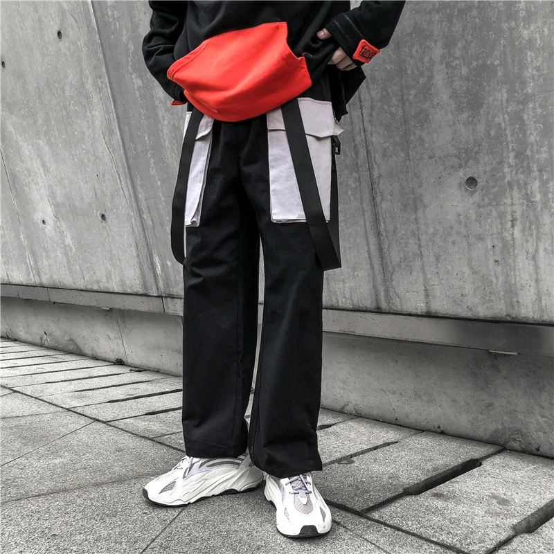 Мужские свободные многокарманные прямые брюки карго уличная Harajuku хип хоп эластичные кушак Беговые брюки в повседневном стиле