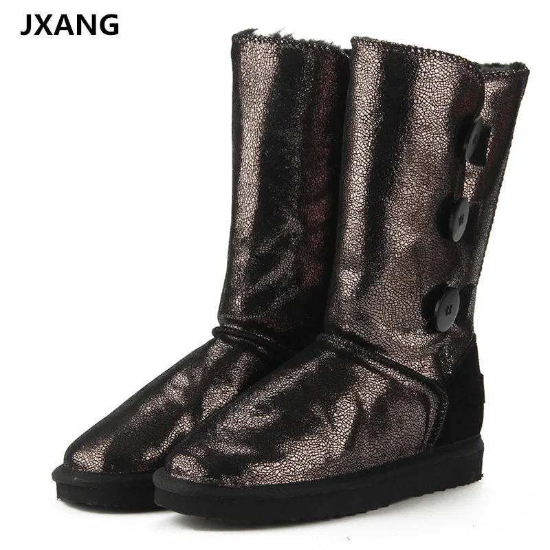 

JXANG Women Fur Winter Boots Mujer Botas Waterproof Genuine Cowhide Leather Snow Boots Warm Wool High Boots for Women