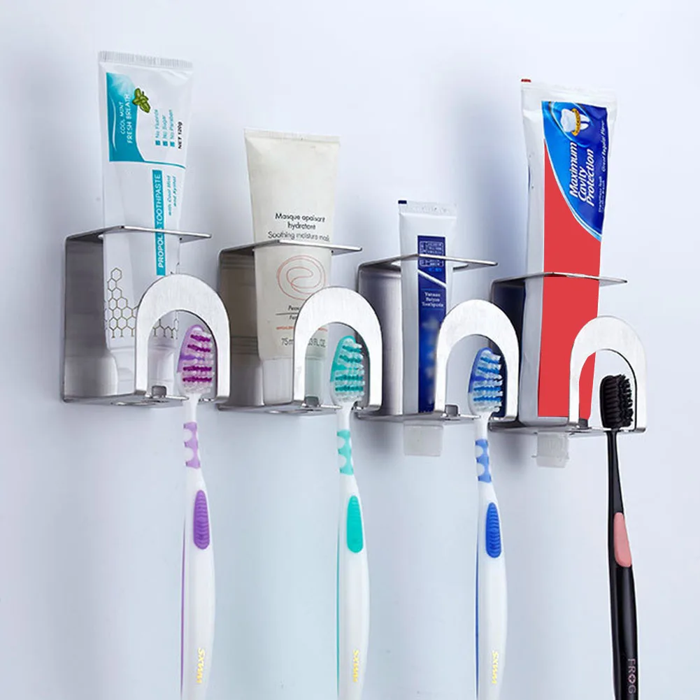 

Self Adhesive Toothbrush Holder Mug Bathroom Wall Mounted Accessories Toothpaste Holes Multi-Purpose Stainless Steel
