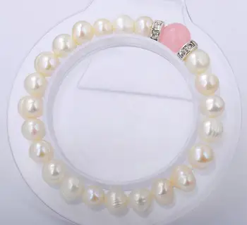 

Lady's Jewelry 7-8mm Freshwater Pearl Pink Jade Gemstone Stretch Bracelet Bangle