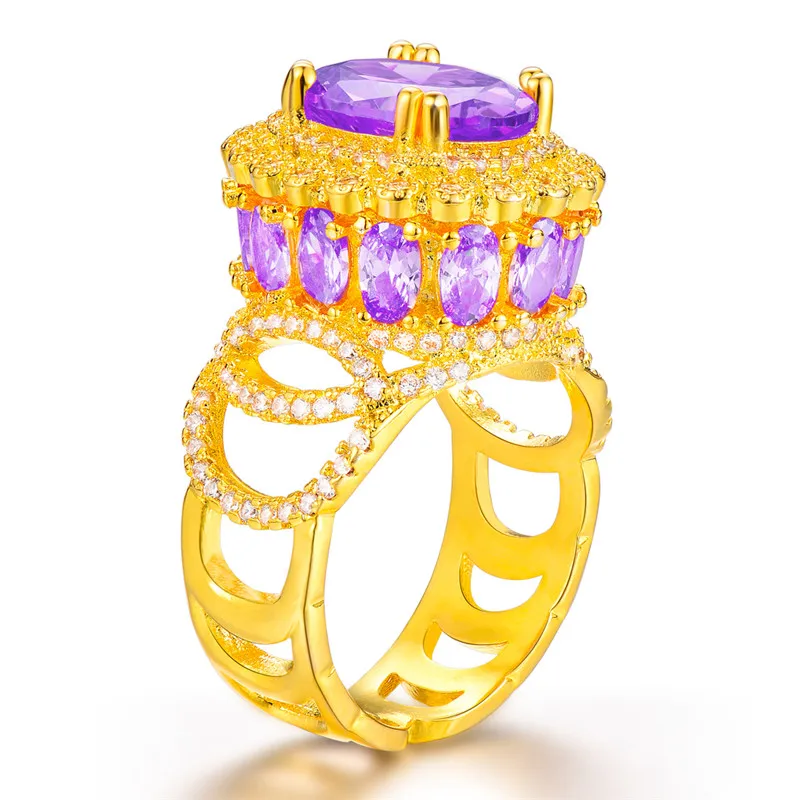Роскошное женское большое кольцо на палец из желтого золота, винтажные обручальные кольца, большое красное пурпурное каменное кольцо, обручальное кольцо с надписью «Promise Love» - Цвет основного камня: Фиолетовый