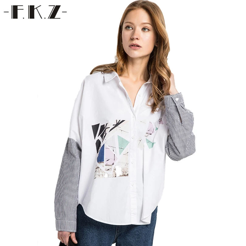 FKZ New Spring Women Blouse Pattern Printed Blouse Turn