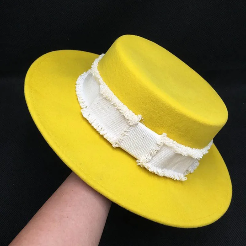 

Fibonacci High Quality Yellow Autumn Winter Fedora Flat Top Ladies Hats for Women Men Wool 100% Felt Hat Hair Accessory Cap