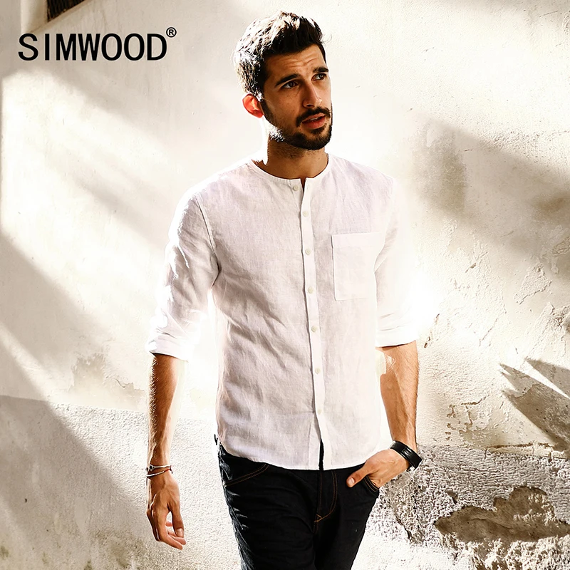 

SIMWOOD 2019 spring Summer New Casual Men Shirts Long Sleeve O neck 100% Pure Linen Slim Fit Plus Size brand-clothing CC017002