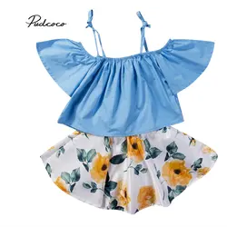Голубые Летние Короткие рукава-фонарики с открытыми плечами для маленьких девочек, Топы + юбка, детская одежда, комплект из 2 предметов, От 1
