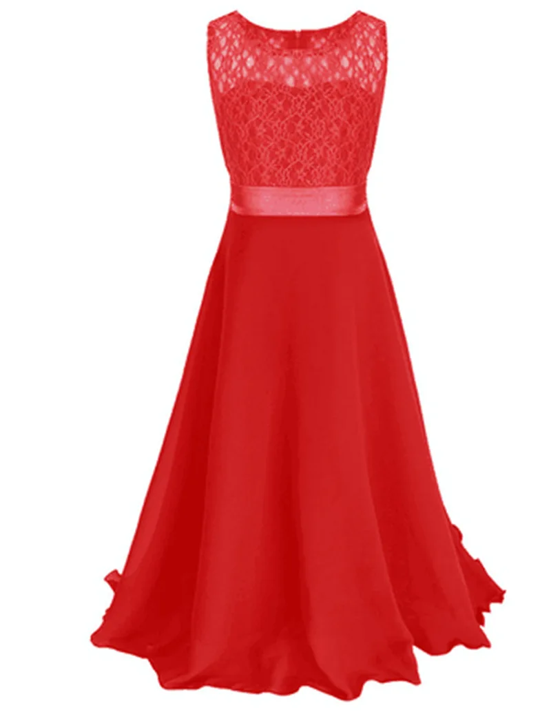 Модное кружевное платье с цветочным узором для девочек; цвет синий, розовый, красный; длинное свадебное платье для девочек; вечерние платья для детей - Цвет: Красный