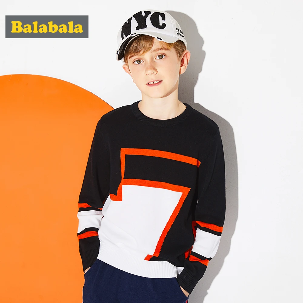 

Balabala Boys Color Block Fine-Knit Sweater in 100% Cotton Teenage Boy Soft Pullover Sweater with Ribbed Crewneck Cuff and Hem