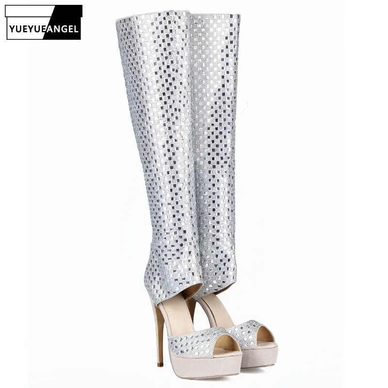 

2019 New Sexy Women High Heel Peep Toe Motorcycle Boots Back Zipper Knee High Shoes Female Crystal Platform Silver Plus Size 41