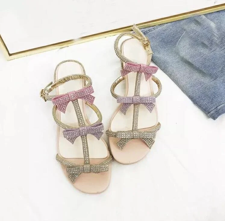 

Sweet Pink Bowtie Crystal Embellished Womens Square Heel Sandals Cut-out Ankle Strap Summer Shoes Real Photo Rome T-bar Shoes