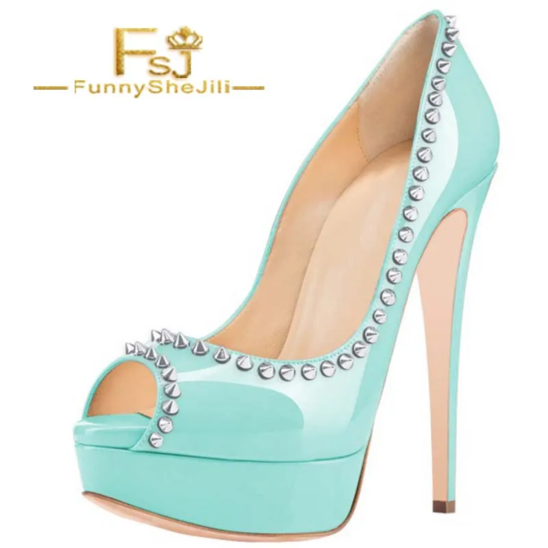 Cyan Rivets Peep Toe Platform Pumps Stiletto Heels Studs Shoes Carnival