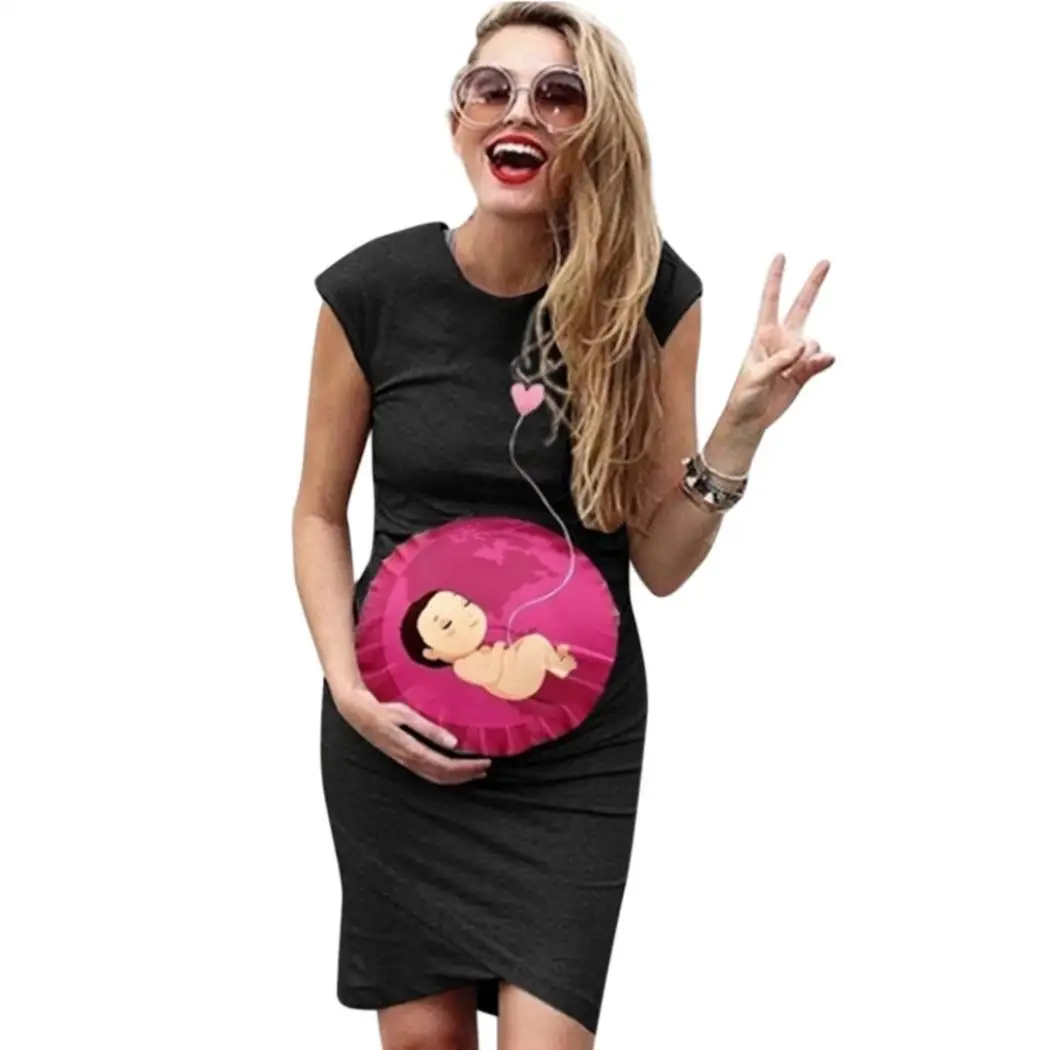 Женское Повседневное платье с круглым вырезом и коротким рукавом с принтом, тонкая Длина колена материнства, летнее платье для беременных - Цвет: black