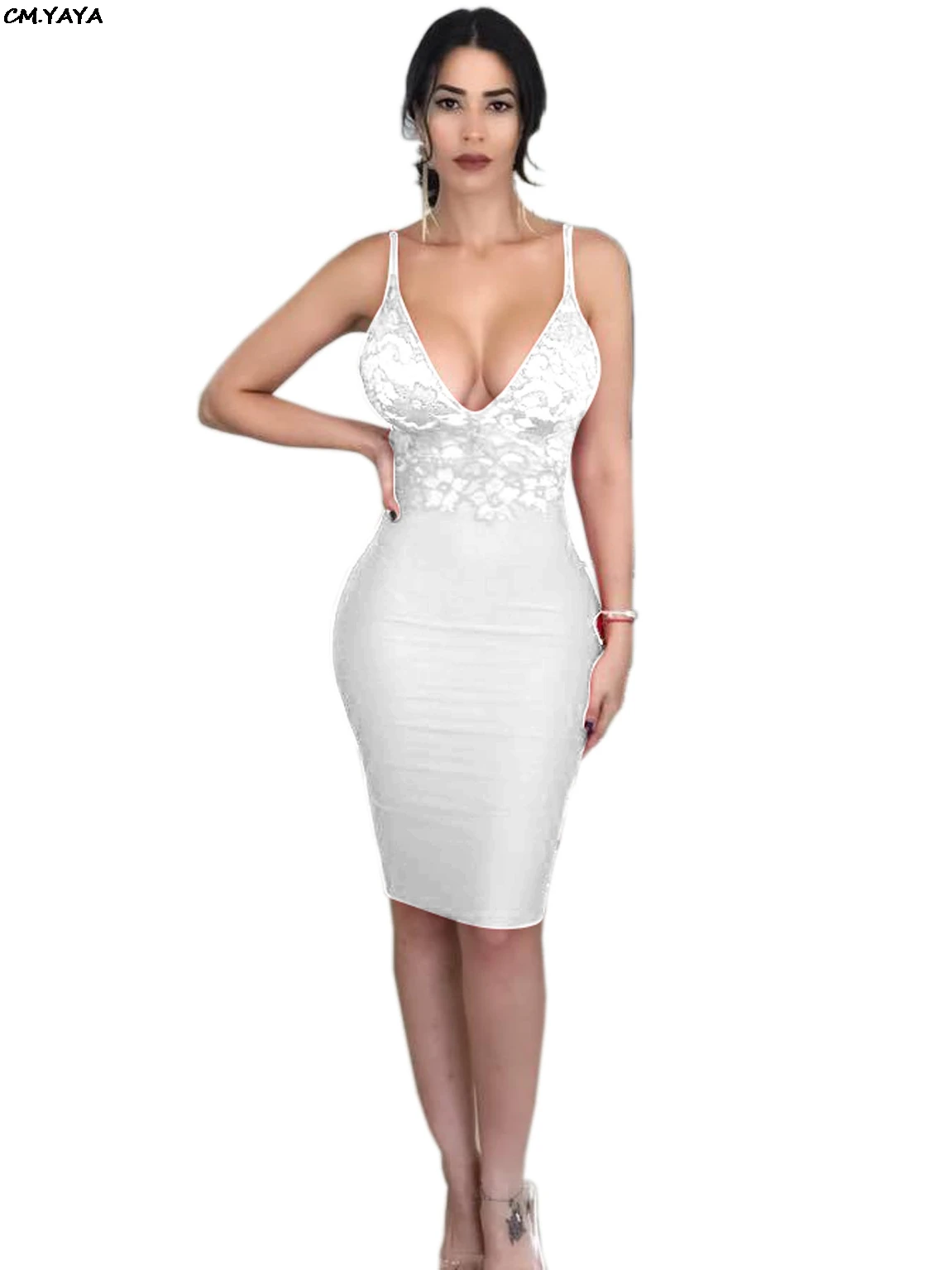 2019 New women lace patchwork spaghetti strap v-neck open back bodycon midi dress nightclub party bandage dresses 3color CY8090 | Женская