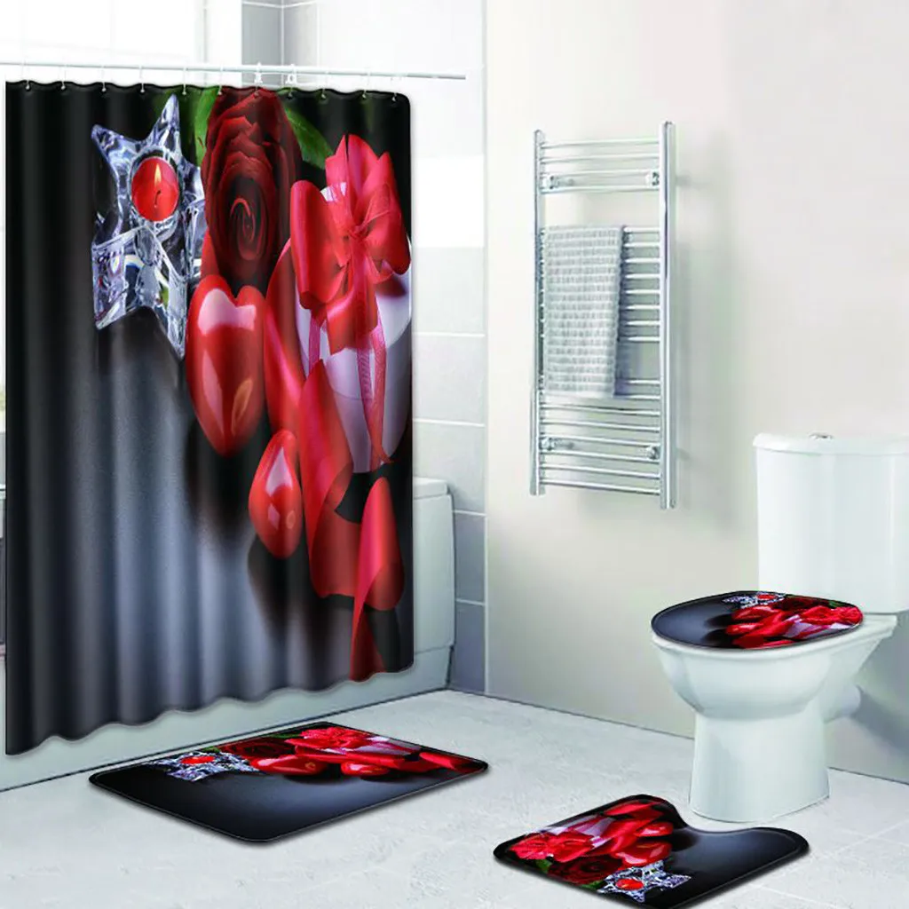 

4Pcs/Set Shower Curtain Mat Elegant Flowers Pattern Set Non Slip Rugs Carpet for Toilet Bath vaso sanitario cuvette wc