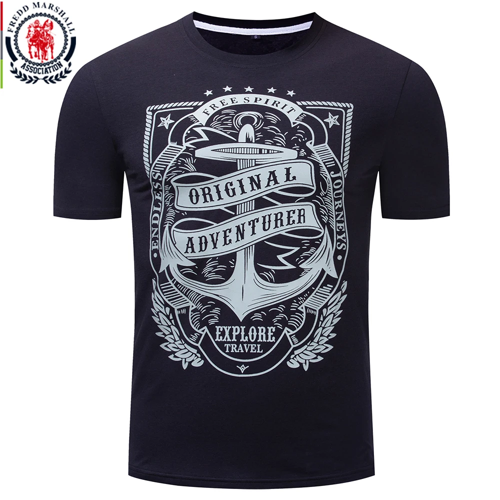 

Fredd Marshall 2019 Summer New T Shirt Men 100% Cotton Short Sleeve Anchor Print Tshirt O-neck Casual Letter Tee Shirt Homme 323