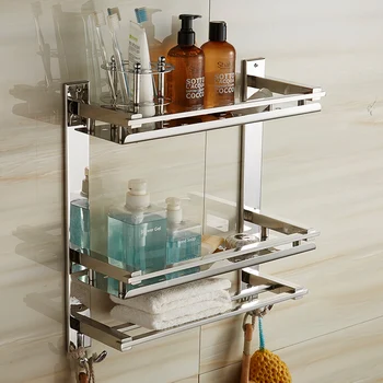 

MTTUZK DIY Bathroom shelves 304 stainless steel 3 layer cosmetic rack Toothbrush mouthwash holder Towel rack with hooks storage