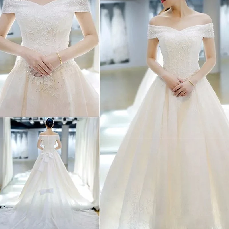 US $57.12 Wedding Dress 2021 Mrs Win The Bridal Elegant Boat Neck Sweep Train Ball Gown Princess Lace Vintage Plus Size Wedding Dresses F