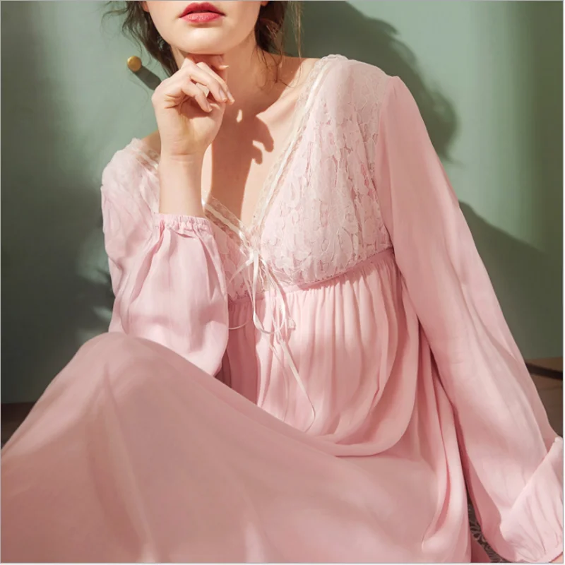 

2019 Summer Plus size Female Sexy Lace nighty dress Ladies Soft Cotton Nightgown Women Long Sleeve V-neck collar sleepshirt