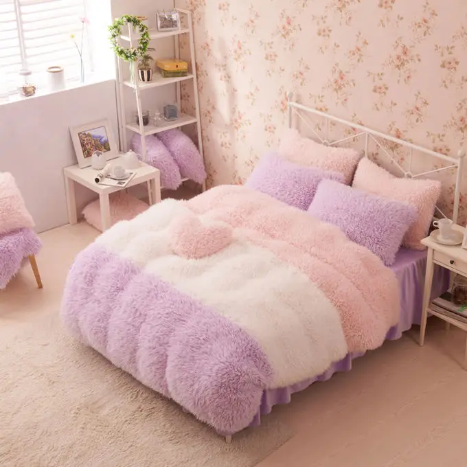 

Cashmere Princess Purple Grey Blue Princess Bedding Set king size Winter CoralFleece DuvetCover BedSkirt pillowcase Freeshipping