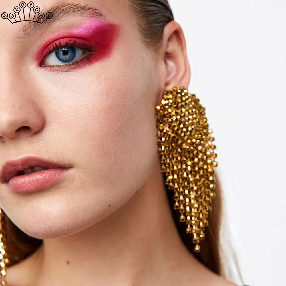 Charm Gold Wedding Earrings Crystal Rhinestone Tassel Big Drop Earrings