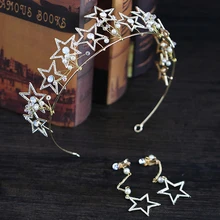 Gold Color Pentagram Crown 2pcs/Set Jewelry Rhinestone Stars Crown Tiaras For Bride Princess Wedding Hair Jewelry