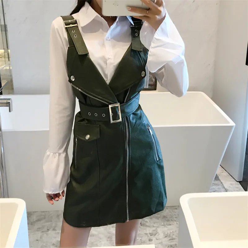 

Fashion PU Leather Dress Women V Neck Mini Sexy Dress Sash Zippered Short Dess vestido de festa robe de femme