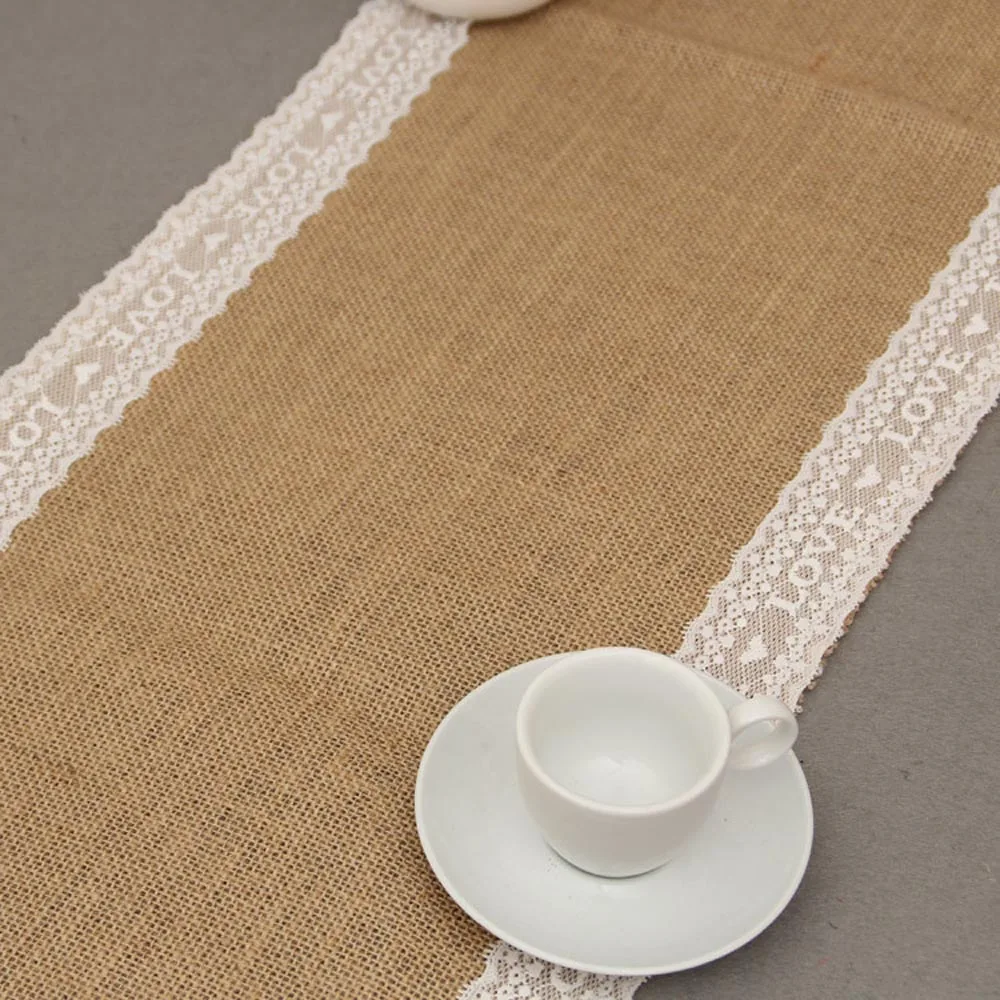 1PC Rectangle White Lace Edge Linen Table Runners Love Embroidered Jute