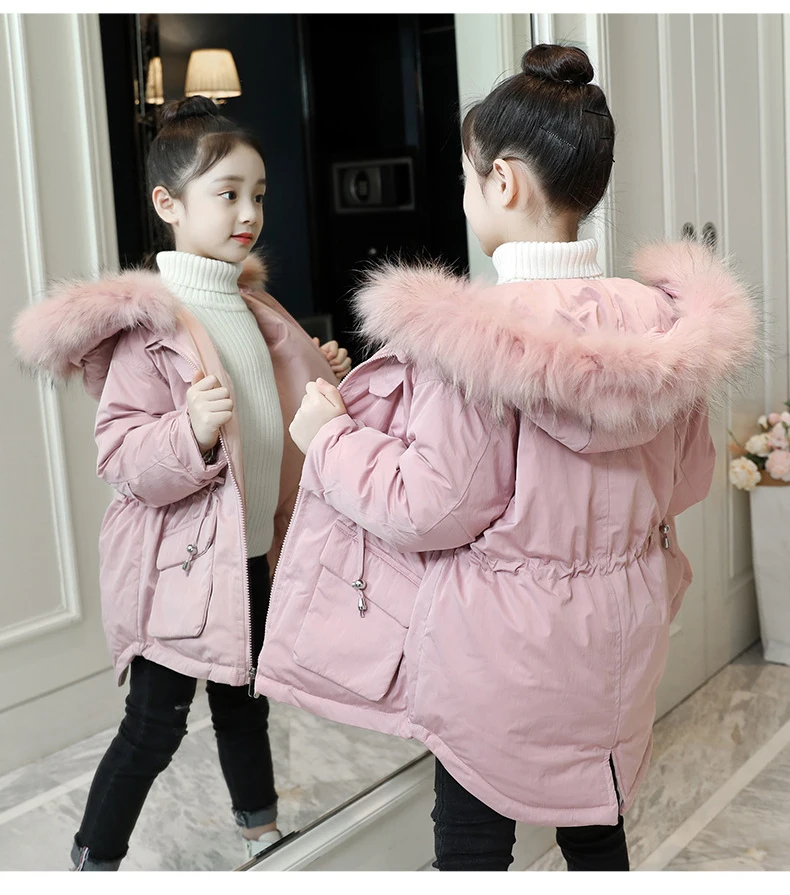 Парки для девочек зимнее модное хлопковое однотонное пальто бежевого и розового цвета для девочек верхняя одежда на молнии с капюшоном для девочек Одежда для детей 4, 6, 8, 10, 12 лет
