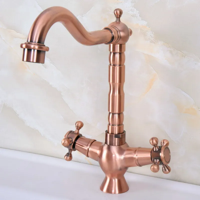 Antique Red Copper Brass Dual Cross Handles Bathroom Kitchen Basin Sink Faucet Mixer Tap Swivel Spout Deck Mounted mnf618