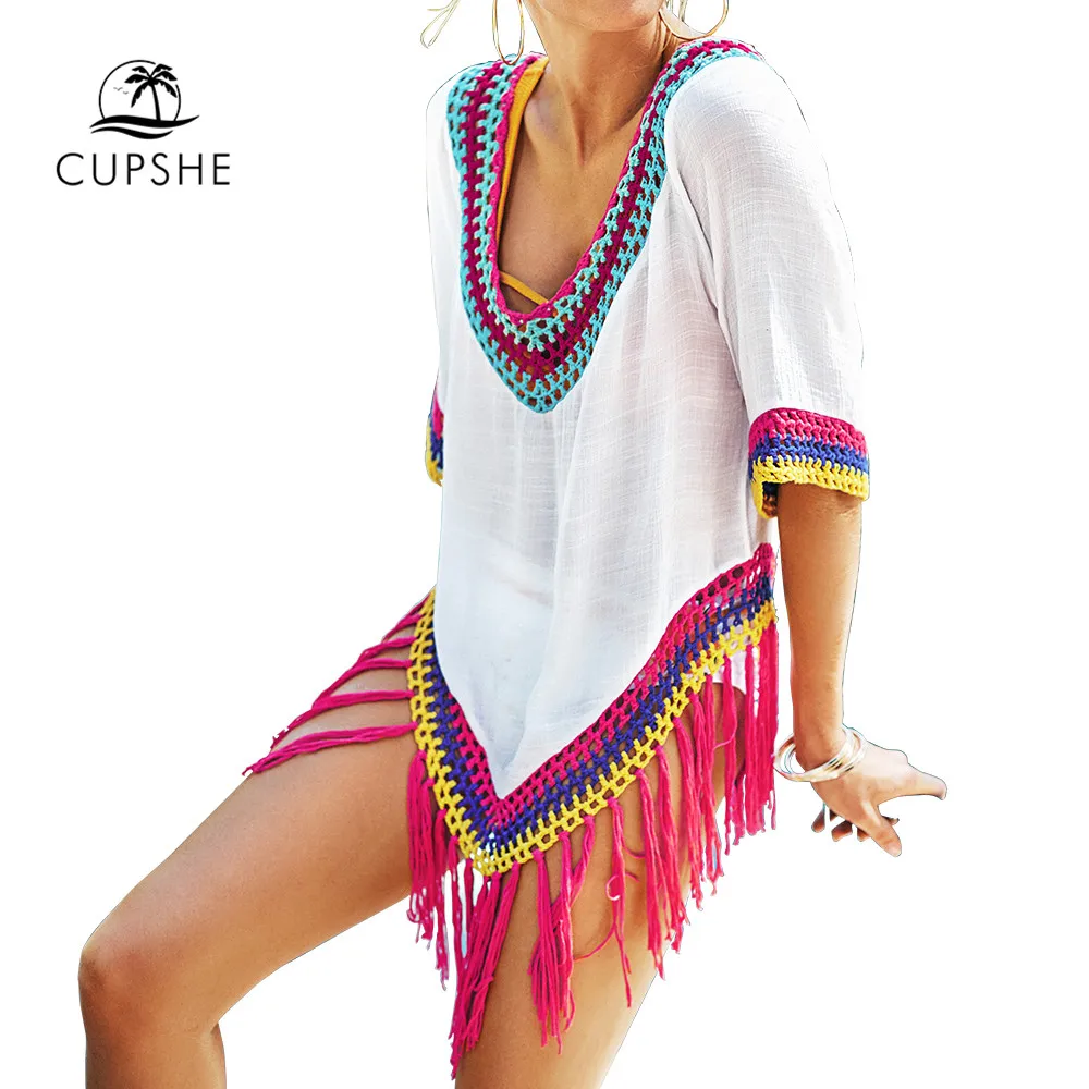 Online CUPSHE Weiß Cover Up Mit Regenbogen Crochet Fringe Trim Sexy Tiefem V ausschnitt Strand Kleid Frauen 2020 Sommer Badeanzug Bademode