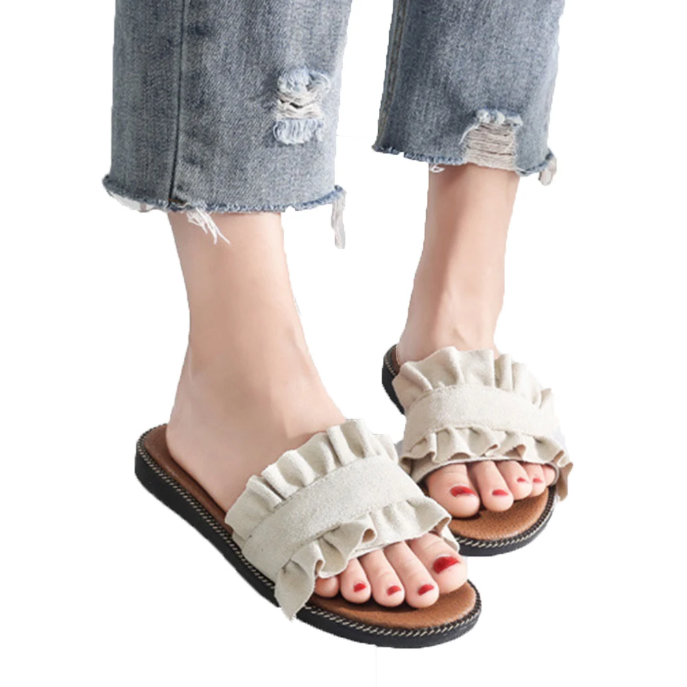 

2018 Summer Fashion Ruffles Flats Slippers Denim Canvas Black Blue 4 colors Casual Outside Beach Slides Women Shoes SIZE 35--39