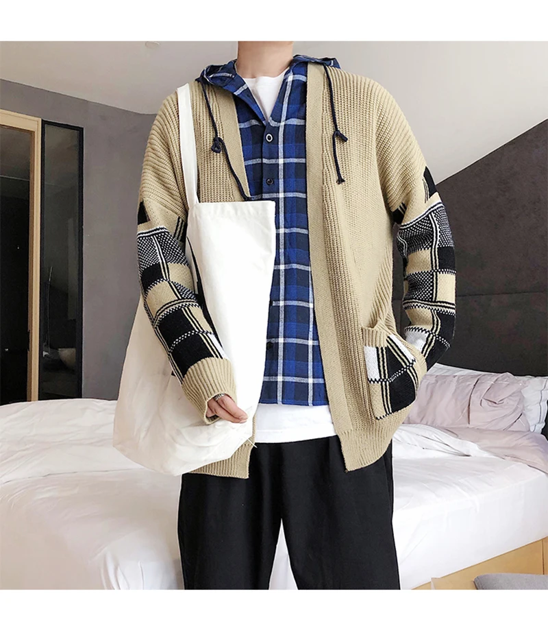 Korean Oversized Sweater Cardigan Men Plaid  (11)