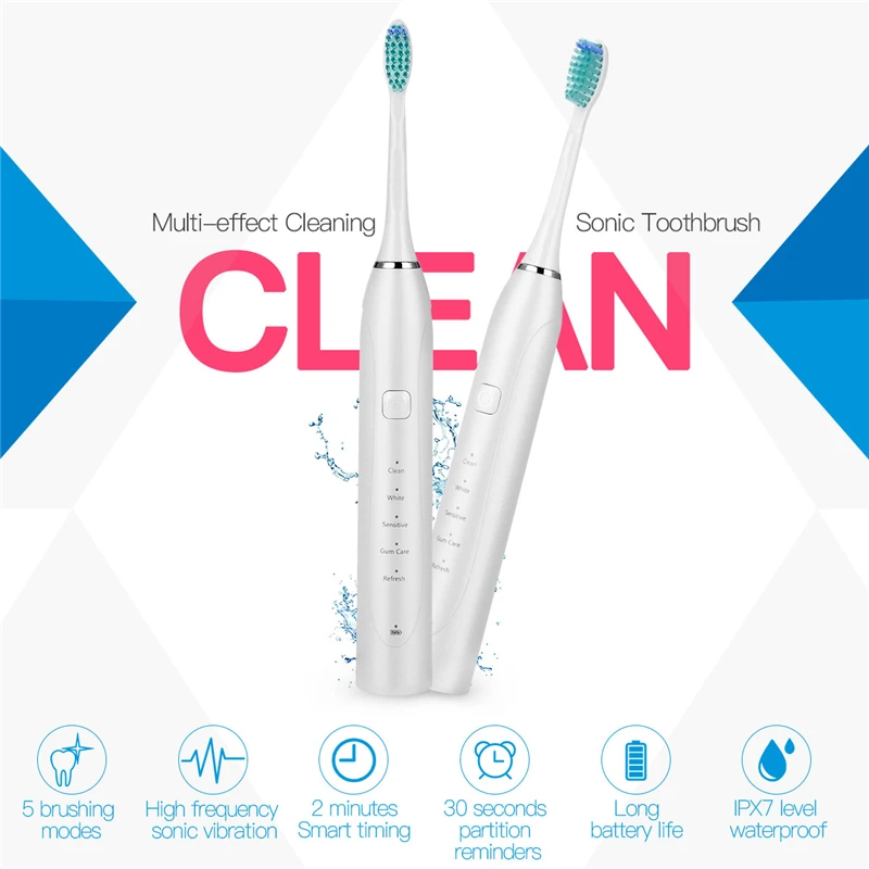 

5 Modes Electric Toothbrush Sonic Waterproof Intelligent Timer Waterproof Deep Clean Tooth Brush for adults with 3 Brush Head 45
